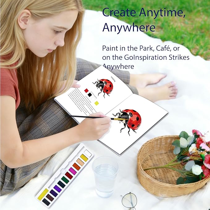 Watercolor Workbook Creative Insect Water color Paint Book Set with Paints & Brush, 12 Patterns of Original DIY Designs, Beginner-Friendly Adult Coloring Books (Insect)
