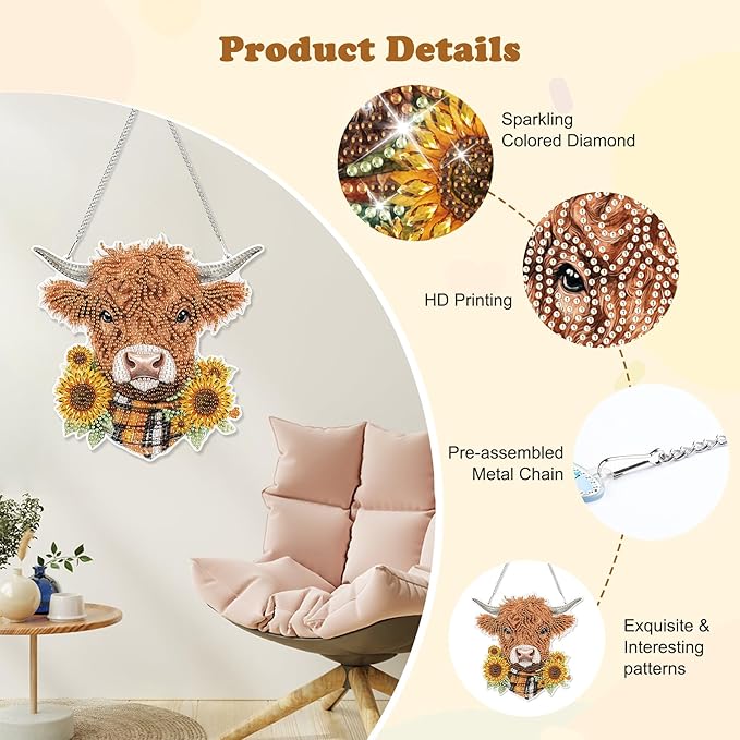 HEIBAGO Highland Cow Hanging Diamond Art Kits for Adults, Special Shaped Crystal Diamond Painting Ornament Kit, DIY Double-Sided Pattern Window Pendant Gem Art Kit for Home Wall Decor 8.3x8.3inch