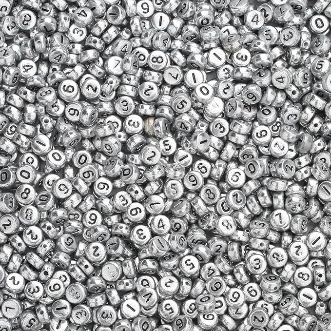 LAIDANLA 1000PCS Acrylic Number Beads Black Number Silver Round Bead 7×4mm for Jewelry Bracelets Necklaces Key Chains Making
