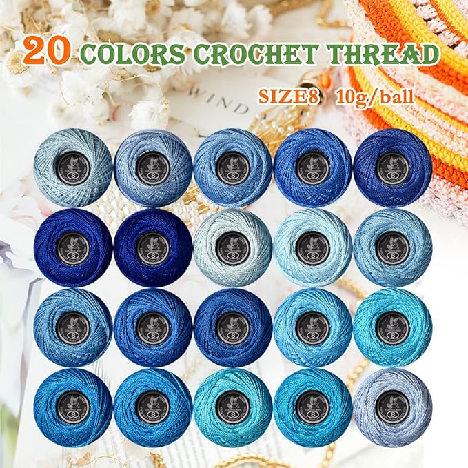 Soft 20 Colors Classic Crochet Thread 20 Pack,100% Cotton (blue-800-159)
