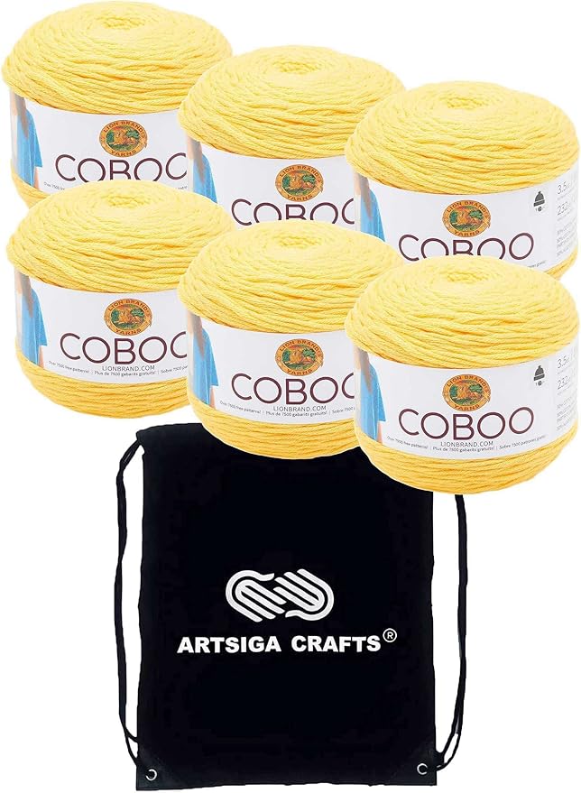Lion Brand Coboo Yellow 835-157 (6-Skeins - Same Dye Lot) DK Light Worsted #3 Cotton, Bamboo Yarn for Crocheting and Knitting with Project Bag