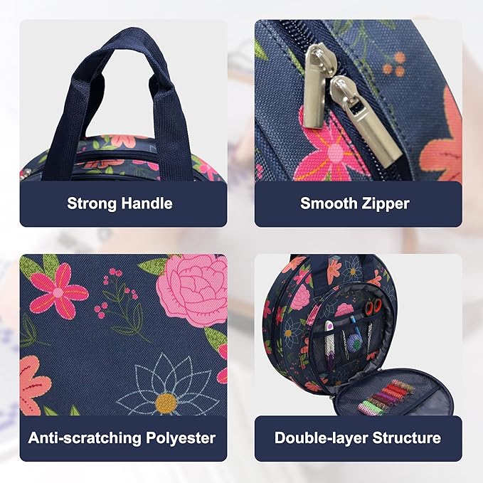 Floral Embroidery Project Bag, 13x13x3 Inch Round Cross Stitch Storage Bag, Portable Embroidery Organizer for Hoops Floss Thread Knitting Tools, Craft Gift for DIY Enthusiasts (Blue)
