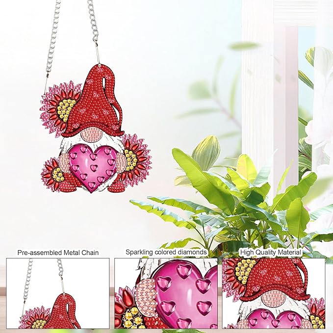 AiYuanzsh Love Gnome Diamond Painting Hanging Ornament, DIY 5D Diamond Art Pendant with Heart and Flowers, Special-Shaped Diamond Kit for Valentine's Day or Romantic Home Decoration