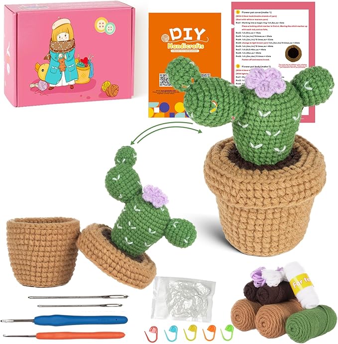 Finnacy Crochet Kit for Beginners Adults, Potted Cactus Plant Crochet Storage Box, All You Need in, Include Crochet Yarns, Hook, Step-by-Step Video, Instruction and Crochet Accessories