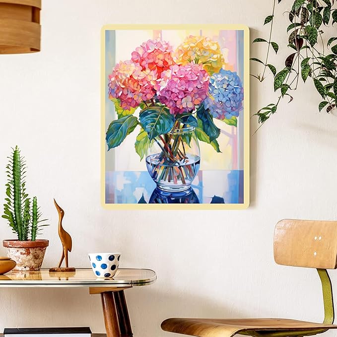 Hydrangea Paint by Numbers for Adults with Framed Canvas-with Wooden Easel,Vase Flower Paint by Number on Canvas,DIY Acrylic Oil Painting Kits with Brushes Nice Gift Box for Home Wall Decor(12x16inch)