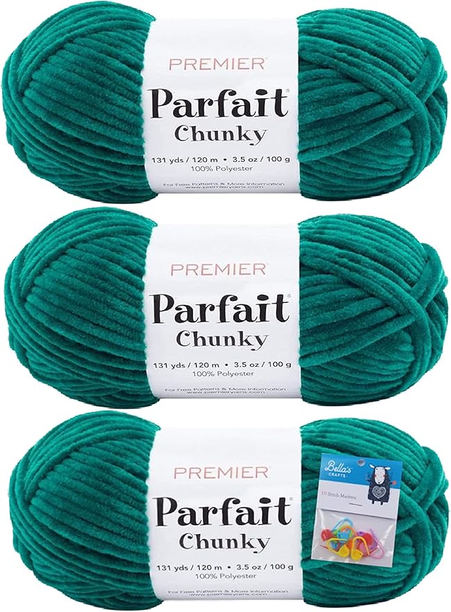Premier Yarns Parfait Chunky Chenille 3.5 Oz 6 Super Bulky Weight 3 Pack Bundle with Bella's Stitch Place Holders (Emerald)
