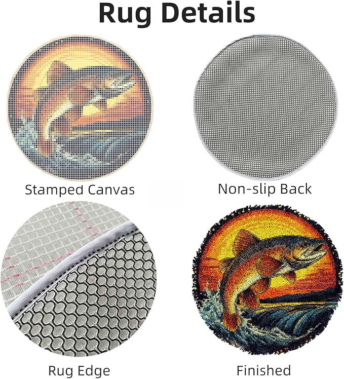 Latch Hook Rug Kit for Adults Trout Fish Jumping Out River and SunsetStamped Handmade Round Shape Carpet Crochet Yarn Craft DIY Hook and Latch Door Mat Tapestry for Home Floor Decor 50x50cm(6)