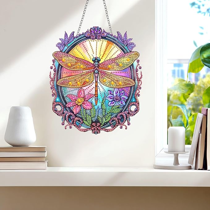Wergund 5D DIY Dragonfly Diamond Art Hanging Kits, Hanging Diamond Art Flower, Acrylic Special Shaped Rhinestone, Window Hanging Pendants for Home Wall Garden Front Door Outdoor Decor Gift(Dragonfly)