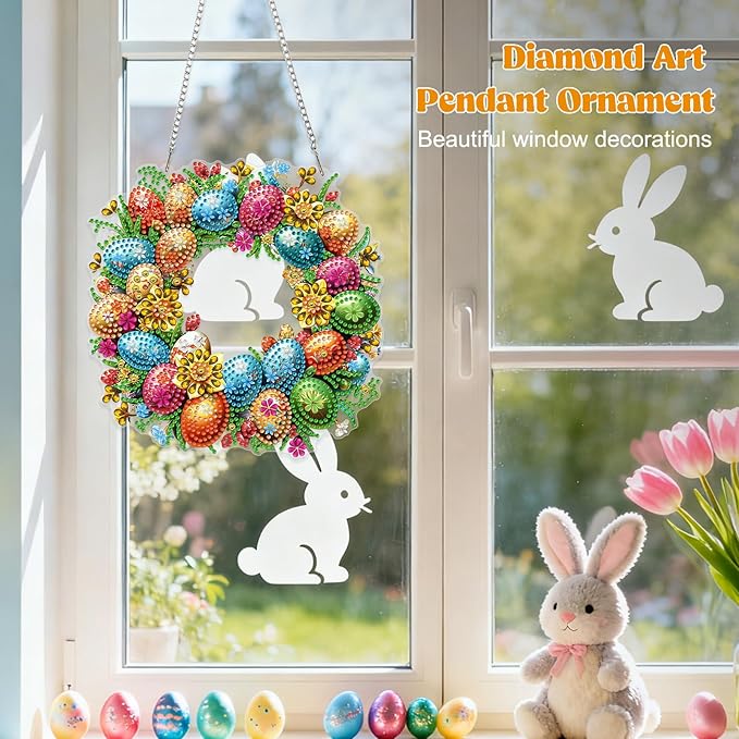 RICUVED Easter Diamond Art Hanging Kit for Adult, Eggs Special Shaped Diamond Painting Pendant Board Kit, 5D Art Suncatchers Double Sided Hanging Acrylic Window Ornament for Home Garden Decor