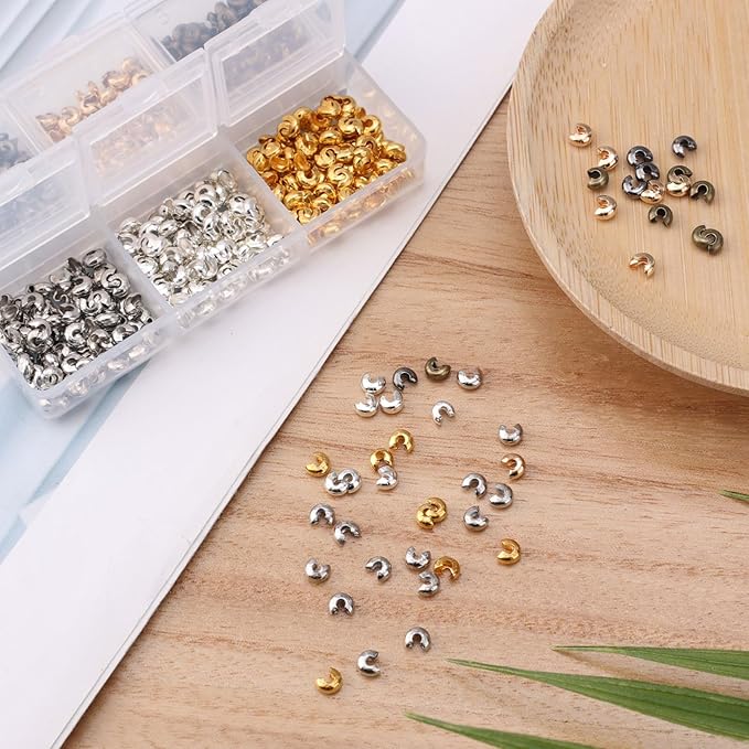 600pcs Crimp Beads for Jewelry Making, 4 mm Alloy Crimp Bead Knot Covers Semicircular Bead Stopper Crimp Tubes Crimp Bead Kit for DIY Bracelet Necklace Jewelry End Fittings Supplies (Multi-Color)