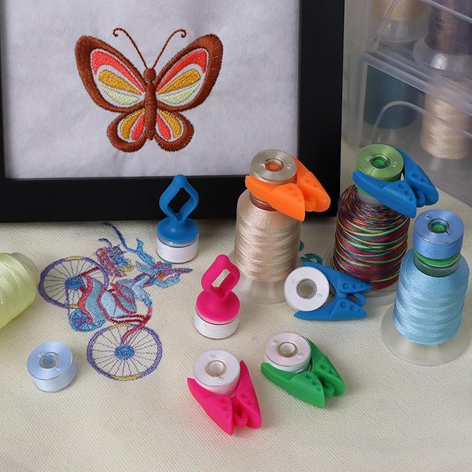 New brothread 100pcs Mix Sewing Notion (50 Bobbin Holders + 50 Bobbin Clamps) - Prevent Bobbin Thread Tails from Unwinding - Best Organizer for Most Sizes of Bobbin Thread Spools