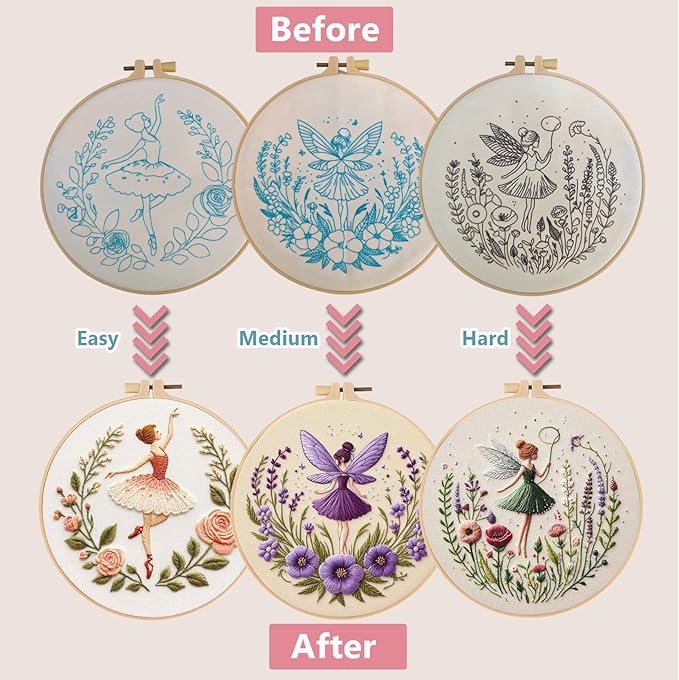 Embroidery Kit for Adults, Pre-Stamped Pattern Embroidery Kit for Beginners, DIY Hand Needlepoint Starter Kit with Hoop Thread Needle Instruction, 7.87'' Hoop (Flower Fairy 3 Packs)