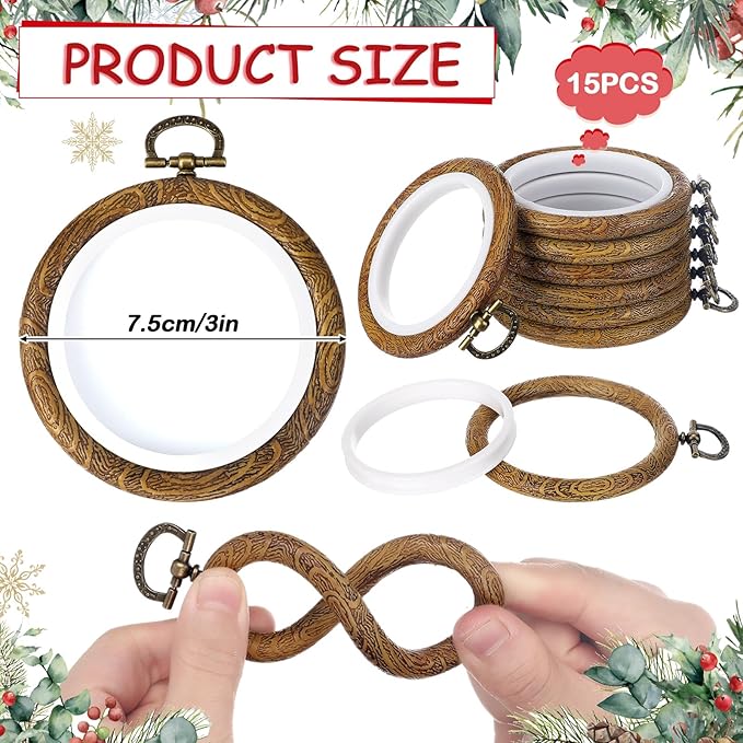 burbell 15 pcs 2.4 inch round embroidery hoops frame circle rubber hoops ring display cross stitch ornament imitated wood frame kits for spring gifts valentines day craft sewing diy hanging gifts