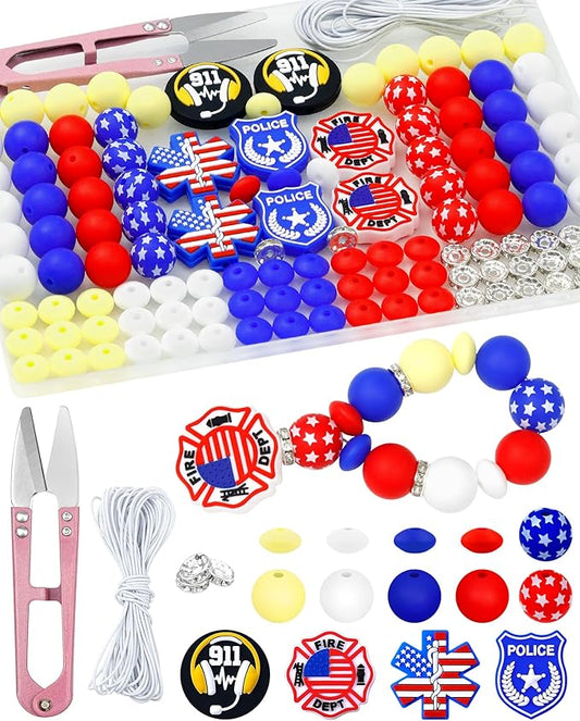 120PCS FIVEIZERO Silicone Focal Beads for Keychain Making, Characters Badge, 15mm Round 12mm Lentil & 10mm Rhinestone Beads for Pens, Bracelets & Crafts with Elastic Cord & Scissors