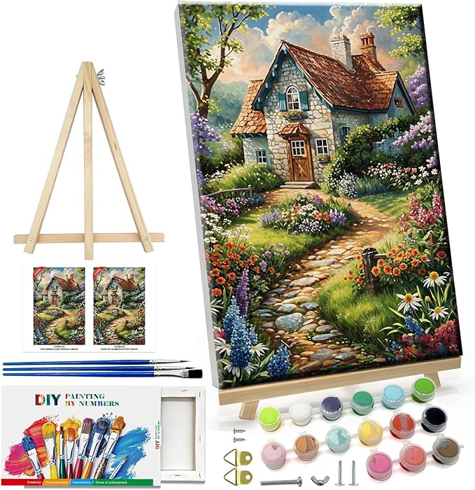 ATDMS Paint by Numbers Kits for Adult with Frame DIY House Flowers Paint by Number with Easel Acrylic Landscape Oil Painting by Number for Wall Hanging Home Room Decor 7.87x11.81 Inch