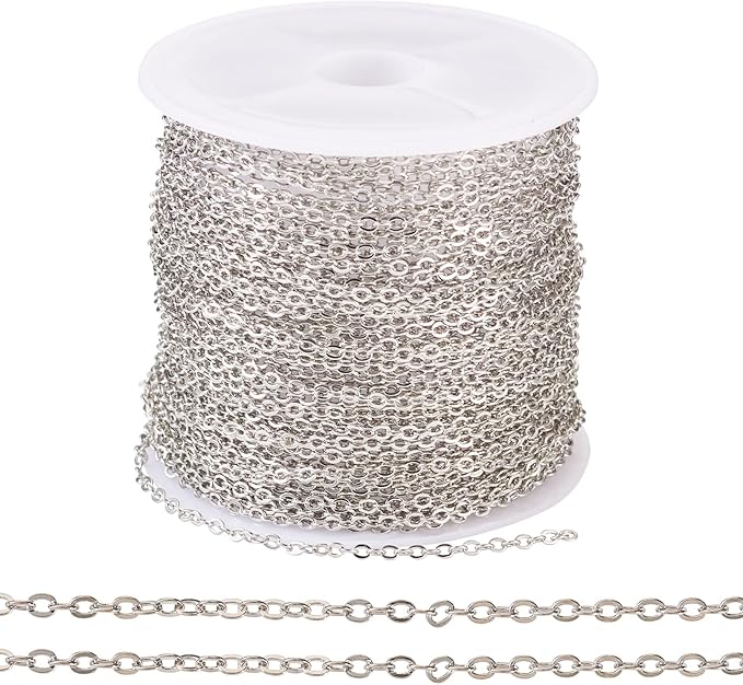Sparkeads 32.8 Feet 10M Platinum Chains Iron Flat Oval Cable Chains Metal Link Chains Soldered with Spool Bulk for Jewelry Craft Necklace Lanyard Bracelet DIY Women Earring Valentine