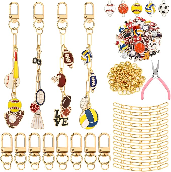 Tondiamo 266 Pieces Football DIY Gold Keychain Making Kit Bat Sports Football Charm Jewelry Making Baseball Volleyball Ornaments Bulk for Key Ring Art Adults Women Bag Gift