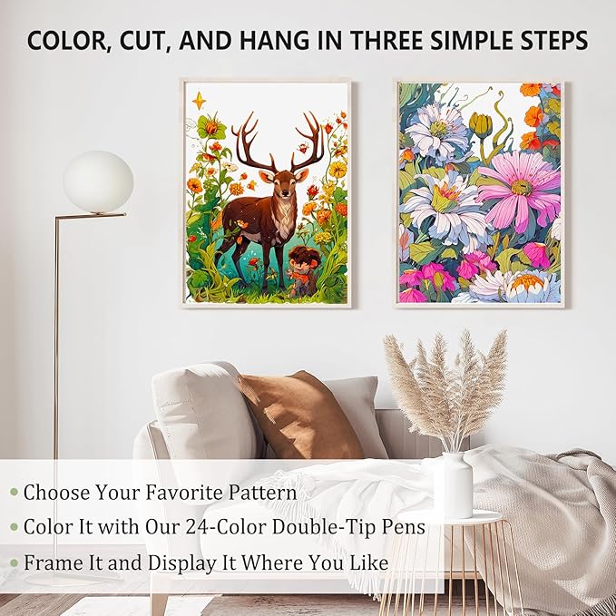 Adult Coloring Book for Adults Relaxation, Stress Relief Coloring Book with 24 Dual Tip Markers, Relaxing Gifts for Women with 128 Patterns Include Animals Flowers Plant Birds Nature Style (4 Pack)