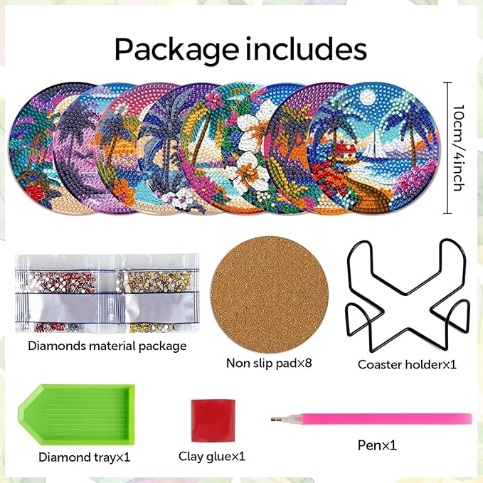 EWJRNSF 8 PCS Diamond Art Coasters Kit, Small Diamond Painting Coasters, Fall Beach Diamond Art Kits for Adults Beginners, Arts and Crafts Supplies Item Sets with Holder