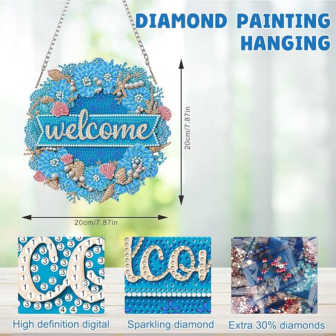 MAXBYE Welcome Sign Diamond Art Painting Kits for Adults Beginners Hanging Pendent, DIY 5D Special Shaped Crystal Diamond Painting Kits Ornament for Gift Home Wall Door Decor 8×8 Inch