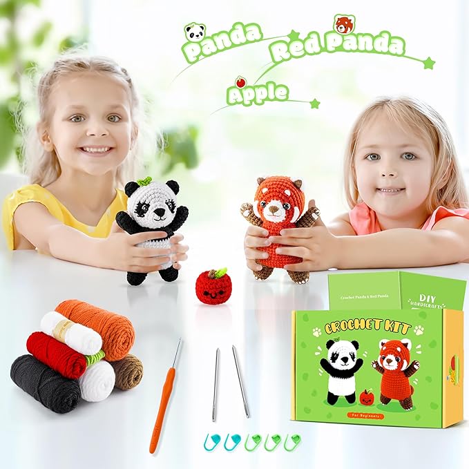 Crochet Kit for Beginners - 2PCS White and Red Panda Crochet Animal Kit with Step-by-Step Video Tutorials, Apple Crocheting Kit, Crochet Starter Kit for Adults, Beginners Knitting Kit for Birthday