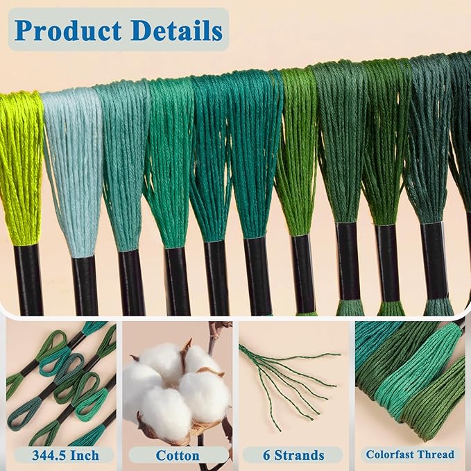 Friendship Bracelet String, 12 Skeins Green Series Cross Stitch Thread, 344.5 Inch Cotton Embroidery Floss, Hand Embroidery Thread for DIY Sewing and Embroidery Crafts Making