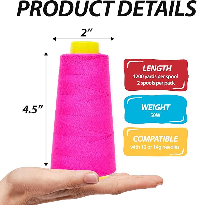 Mandala Crafts Hot Pink Thread Cones for Machine and Hand Quilting - 2400 Yds 50 WT Multiple Purpose Mercerized 100% Cotton Threads for Sewing Machine Serger Embroidery