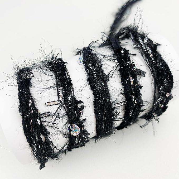 Artisanal Yarn Collection Multifiber Fancy Yarn with Metallic Silver Bow and Laser Sequins for Knitting Crocheting Crafts DIY, Set of 3 Rolls (Black & Silver)