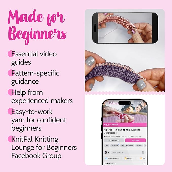 KnitPal Everyday Joy Knitting Kit – Make 4 Reusable Dishcloths for Confident Beginners – Cotton to The Core Yarn (#3 DK), Needles, Patterns & Video Tutorials (Plum Purple + Blush Pink)
