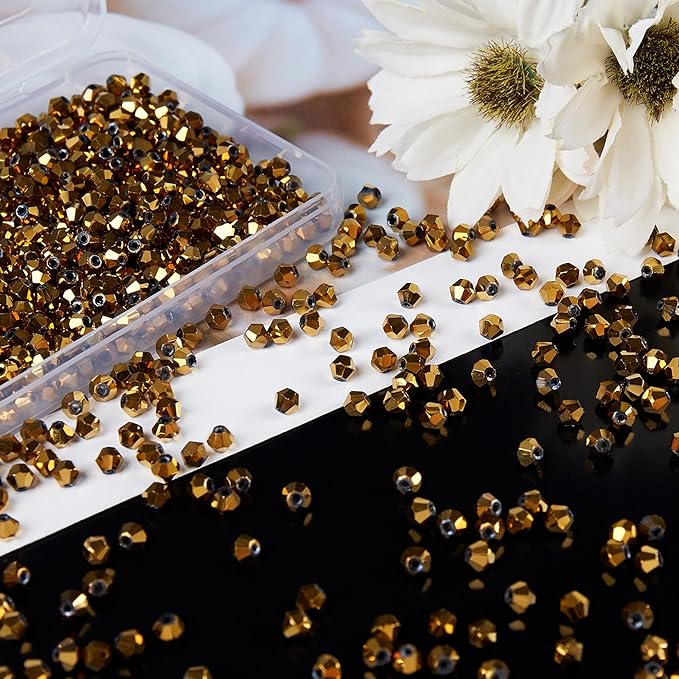laopottbeads 1100pcs 4mm bicone crystal glass beads for jewelry making, sparkling mini beads for suncatchers, diy bracelets & craft projects (coffee gold)