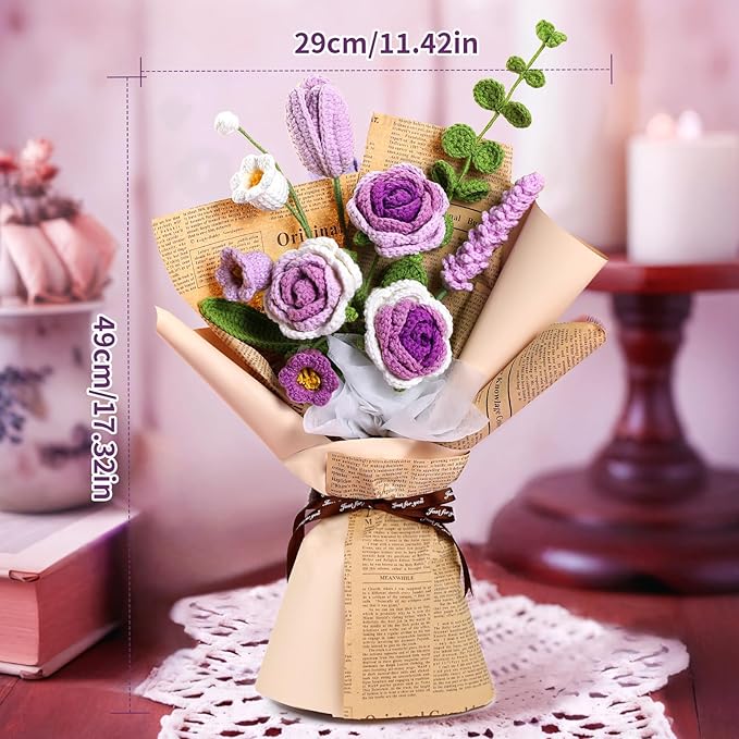 Kogyxe Crochet Kit for Beginners, Purple Rose Crochet Flowers for Adults with Step-by-Step Video Tutorials, DIY Crochet Bouquet Kits Knitting Supplies Include Floral Wire, Newspaper