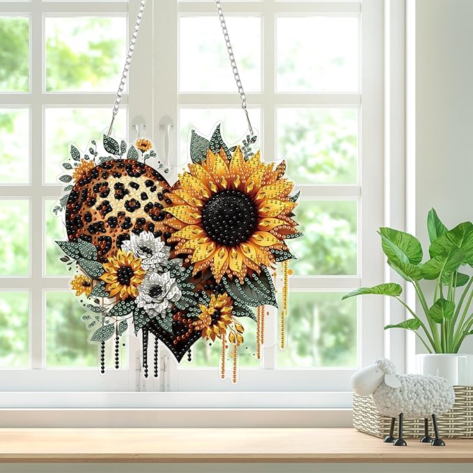 Bowetile Heart-Shaped Flower Diamond Art Hanging Kits for Adults, Diamond Art Suncatchers Sunflowers, 5D Special Shape Diamond Painting Pendant Window Ornament Gifts for Home Wall Decor