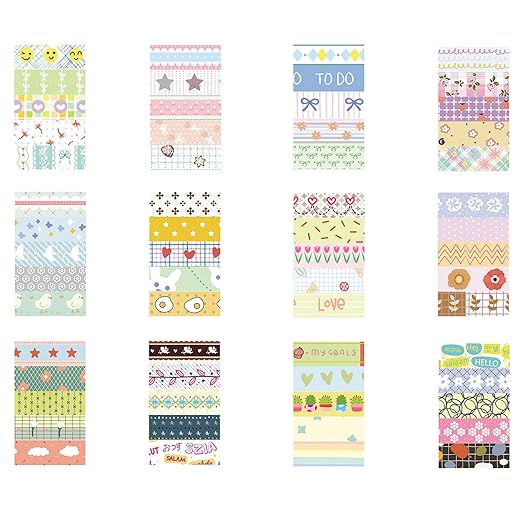 60 Rolls Cute Washi Tape Pack Basic Mini Adhesive Tapes Stars, Plaids, Florals, Grids & Dots Patterns Decorative Masking Tape Sets for Craft, Kids, Scrapbook, DIY, Gift Wrapping (Kawaii)