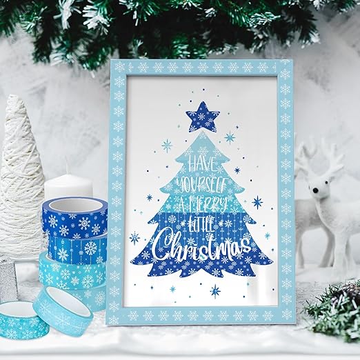 Whaline 12 Rolls Winter Washi Tape Blue Snowflake Theme Washi Tape Masking Decorative Party Gift Warp Paper Tape for Christmas Winter Decor DIY Craft Scrapbook Party Favor Supplies