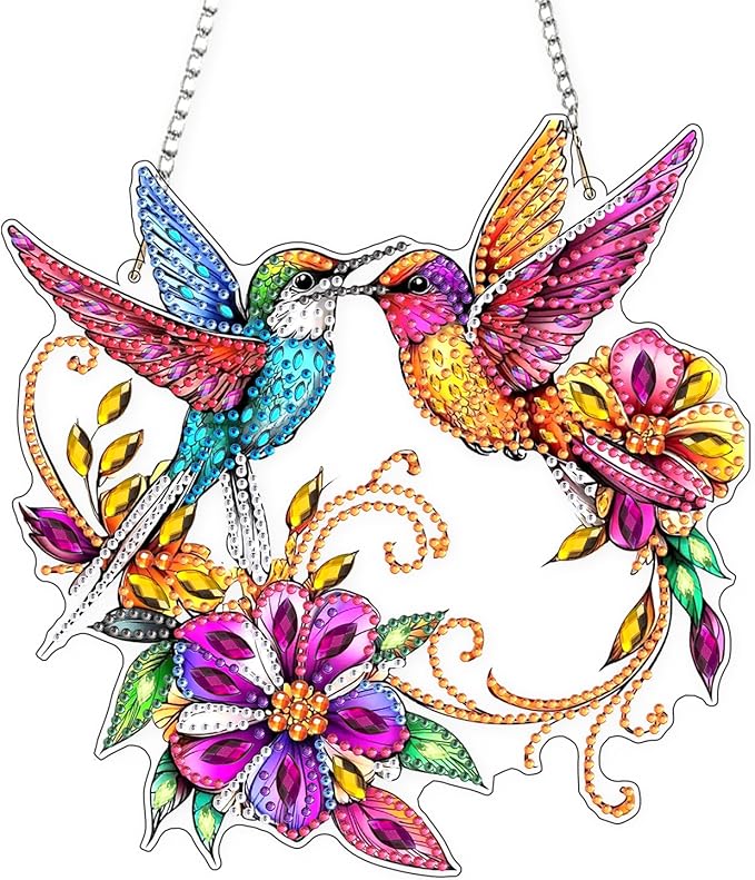 Lxmsja DIY Colorful Hummingbirds Diamond Painting Hanging Ornament, Double-Sided Acrylic Bright Flowers Diamond Art Kit, Special Shaped Suncatcher Hanging Pendant Window Art Kit 8x8 inch