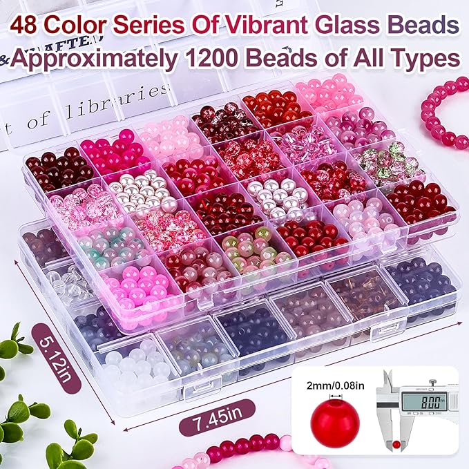 XSEINO About 1200PCS 8mm Glass Beads Bracelet Making Kit,48 Assorted Red and Black-White Series Colorful Crystal Beads for Making and DIY Crafts