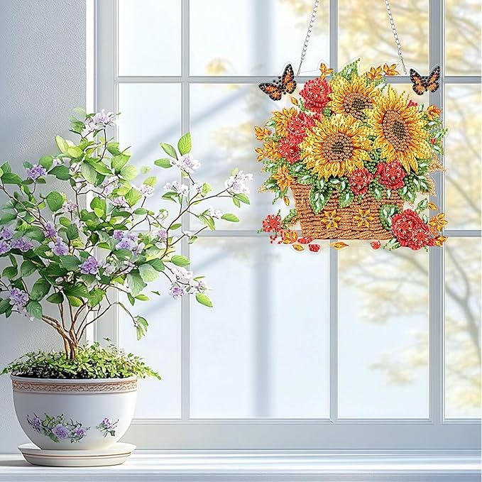 QENSPE Diamond Painting Art Hanging Kits for Adults, 5D Sunflower Diamond Paingting Ornaments with Chain, DIY Butterfly Crystal Window Pendants for Home Wall Decor Double Sided Gift 8X8 inch