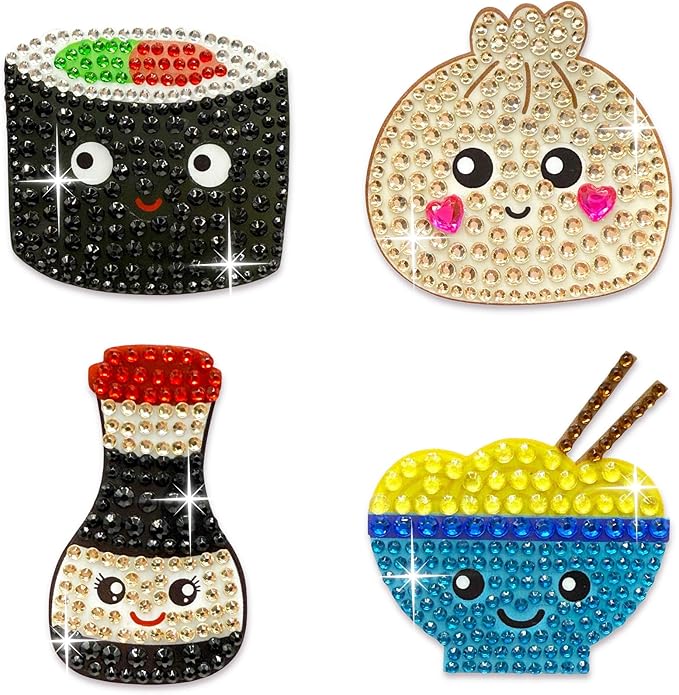 stickerbeans® rhinestone stickers - savory & sushi 4-pack, 2” x 2” each, unique sparkly cut-to-shape for collecting, trading, decorating laptops, phone cases, scrapbooks, for kids, teens, & adults