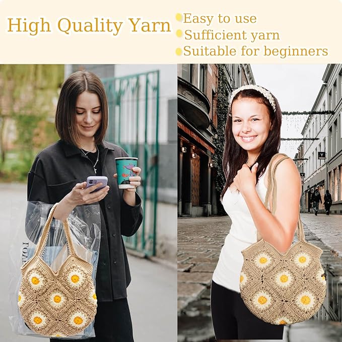 Uongeod Crochet Kit for Beginners Daisy Tote Bag DIY Granny Square Knitting Kits of Daisy Tote Bag with Step-by-Step Video Tutorials Crochet Kit Beginners for Adults