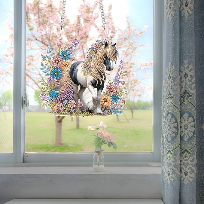 JZHYOAN Horse Diamond Painting Arts Hanging Kit Acrylic Ornaments Craft Kits Crystal Art Pendant Wind Chimes with Diamonds Diamond Art Window Pendants Home Garden Wall Hanging Kits