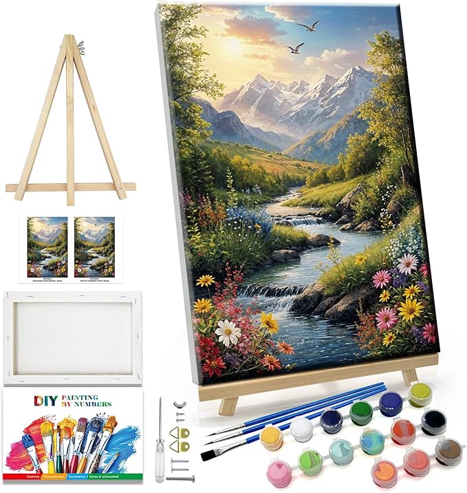 JOOZ Mountain Paint by Numbers for Adults with Easel Landscape Sunsets Paint by Numbers for Adults Beginners with Frame on Canvas，DIY Oil Painting on Acrylic for Home Wall Art Decor 7.87x11.81 Inch