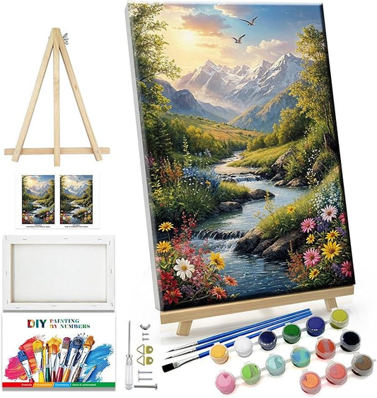JOOZ Mountain Paint by Numbers for Adults with Easel Landscape Sunsets Paint by Numbers for Adults Beginners with Frame on Canvas，DIY Oil Painting on Acrylic for Home Wall Art Decor 7.87x11.81 Inch