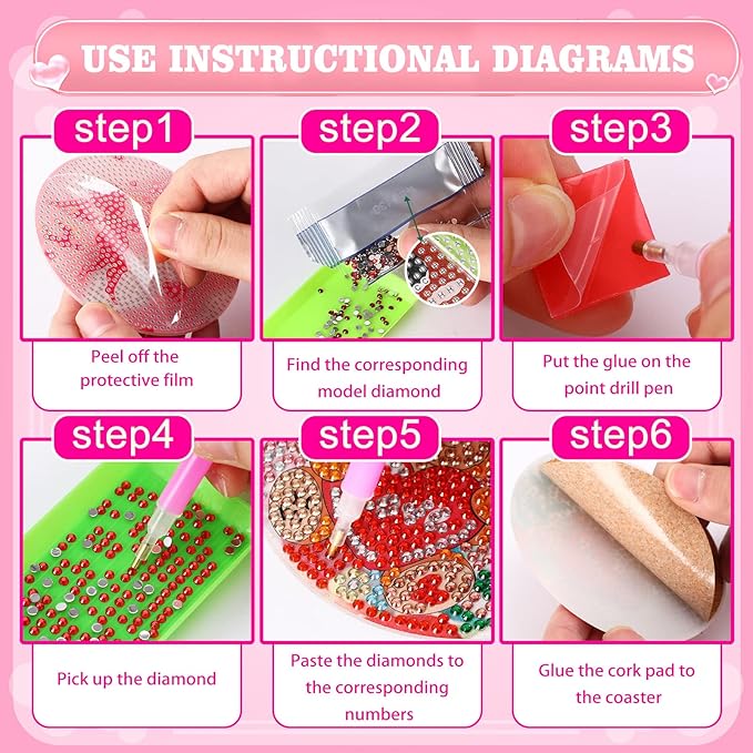 UPINS 8Pcs Valentine's Day Diamond Art Painting Coasters for Drinks DIY Life Coaster Diamond Art Kits for Adults Kids Beginners Diamond Art Craft Supplies