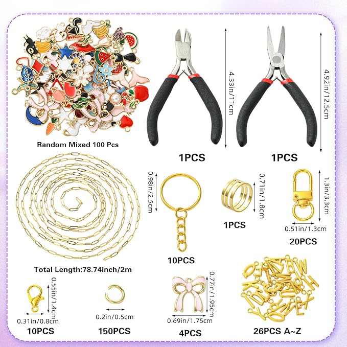 Ornaland 323 Pcs Lip Gloss Keychain Making Kit Jewelry Plier Bracelet Necklace Lanyard Making Kit include Chains Jump Rings Clasps Alloy Enamel Charms for DIY Craft（Golden）
