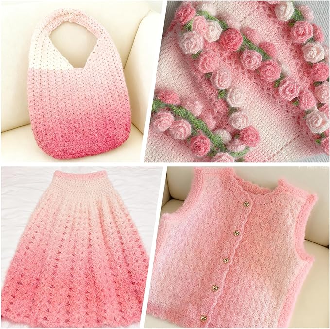 3 Pack Ombre Yarn for Crocheting, 80g/2.65oz Fluffy Soft Acrylic Gradient Yarn Cakes, #4mm Hook, Large Cloud Feel Yarn for Beginner Knitting, Star Blanket, Scarf, Shawl Garment DIY Crafts (Pink)