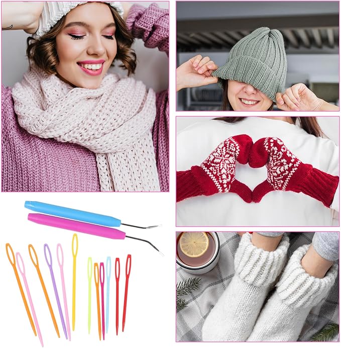 18 Pcs Loom Hook Crochet Loom 6 Pcs Pink and Blue Looms Knitting Hook with 12Pcs Colorful Plastic Sewing Needles Plastic Crochet Hooks for DIY Handicrafts Knittings Looms Boards Beginners