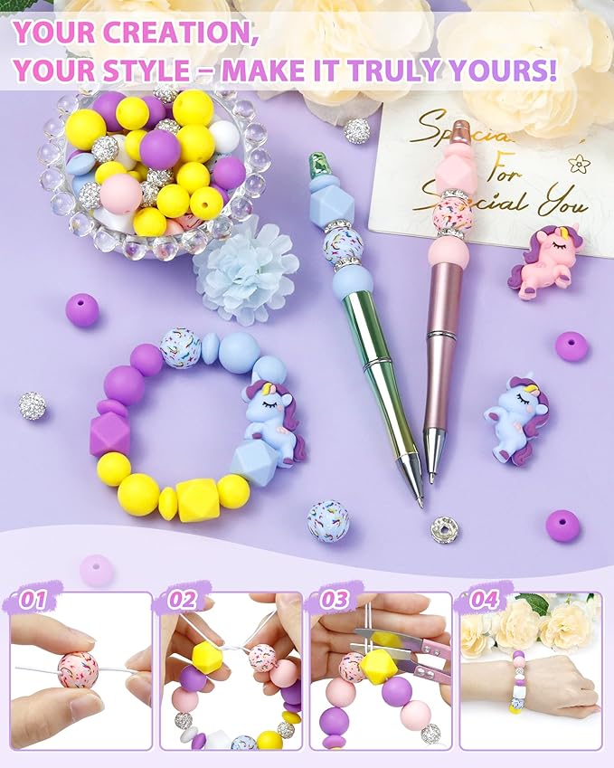 FIVEIZERO 162PCS Silicone Focal Beads for Keychain Making, Animal Unicorn, Round, Lentil, Hexagon, Printed, Rhinestone, Sliver Spacer Beads for Pens, Bracelets & Crafts with Elastic Cord & Scissors