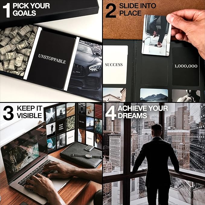 Vision Board Kit for Men - 168 Cards with Diverse Pictures & Quotes, Black Foldable Board & Complete Guide Book | Manifestation Clip Art Collage Supplies for Male Adults | No Old Magazines Needed