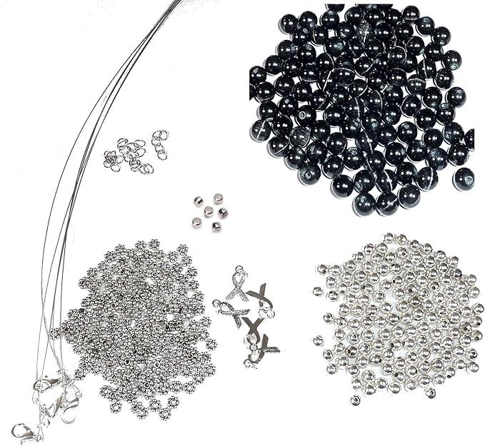 Hidden Hollow Beads DIY Craft Beading Kit, Everything to Make Cancer Awareness Bracelets, Uses Wire, Crimps and Clasps, Fundraising and Gifts (Melanoma - Black - Makes 5)