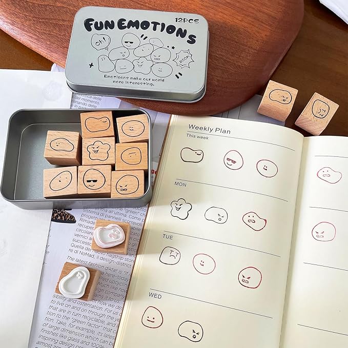 Mood Expression Wooden Rubber Stamps Kit - 12Pcs Emoticon Theme Stamps for Diary Planner, Scrapbooking, Card Making, Journal Decor and Bullet Journal